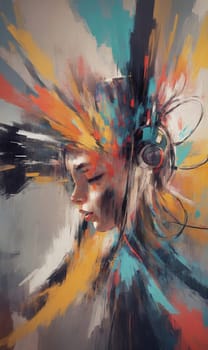 An animated female artist passionately singing in a studio, set against a vivid, abstract backdrop.