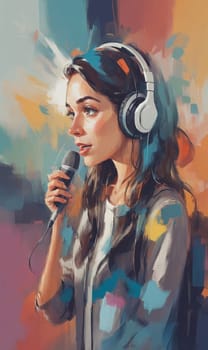 An animated female artist passionately singing in a studio, set against a vivid, abstract backdrop.