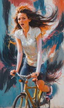 A dynamic abstract painting capturing a woman in motion as she rides her bicycle. The artwork is filled with vibrant colors and expressive brush strokes.