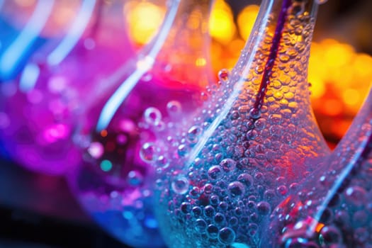 Bright colourful image of a variety of glass objects of different shapes and structures in neon colours. Background and texture. Light and colour.