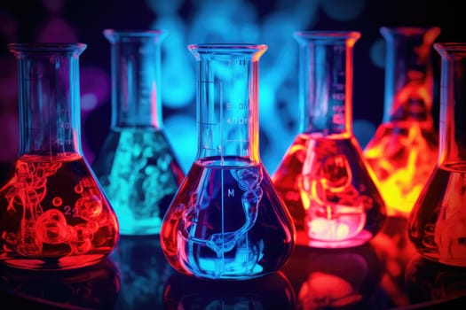 Bright colourful image of a variety of glass objects of different shapes and structures in neon colours. Background and texture. Light and colour.