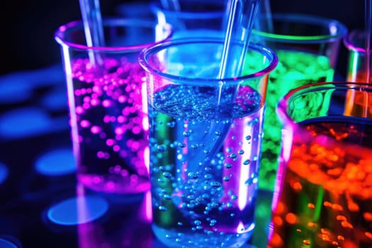 Bright colourful image of a variety of glass objects of different shapes and structures in neon colours. Background and texture. Light and colour.