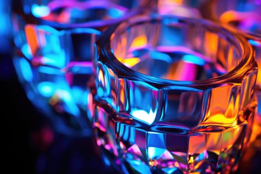 Bright colourful image of a variety of glass objects of different shapes and structures in neon colours. Background and texture. Light and colour.