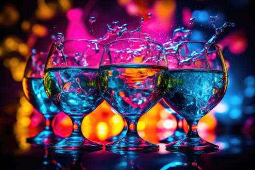 Bright colourful image of a variety of glass objects of different shapes and structures in neon colours. Background and texture. Light and colour.