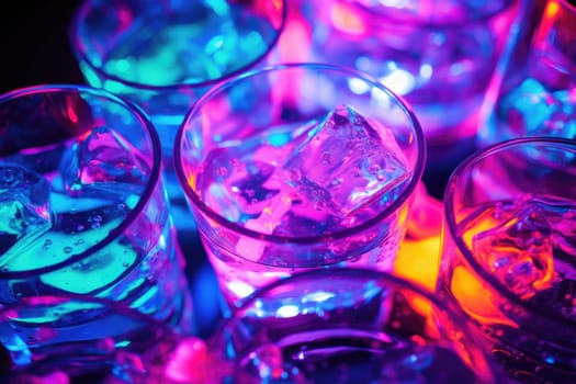 Bright colourful image of a variety of glass objects of different shapes and structures in neon colours. Background and texture. Light and colour.