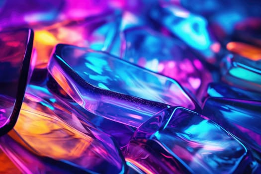 Bright colourful image of a variety of glass objects of different shapes and structures in neon colours. Background and texture. Light and colour.