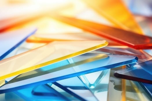 Bright colourful image of a variety of glass objects of different shapes and structures in neon colours. Background and texture. Light and colour.