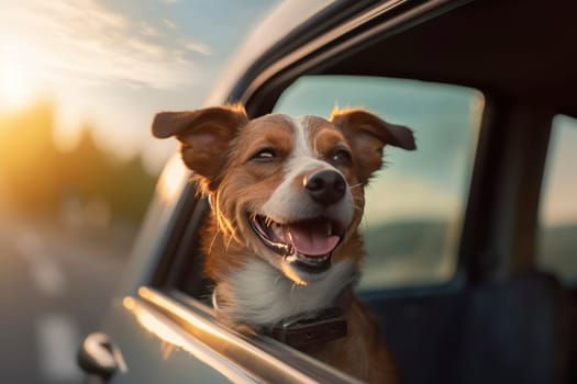 Dog enjoying car ride with head out of window during sunset. Pet travel and adventure concept. Joyful canine expression with copy space for design and prin