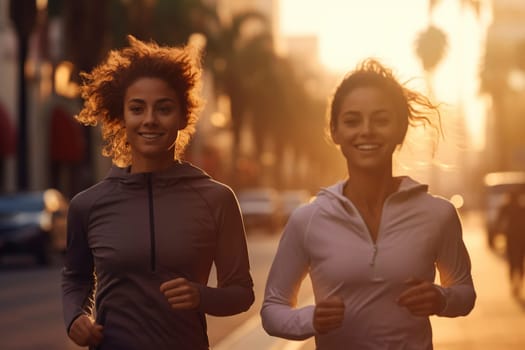 Two women jogging on a city street at sunset. Healthy lifestyle and fitness concept. Design for health magazines, banner