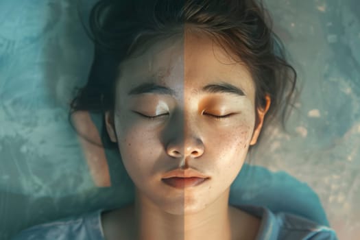 A diptych image showing two halves of different faces, one with dark hair, the other with light, conveying a sense of balance and unity in diversity. The shot captures a tranquil beauty in stillness.