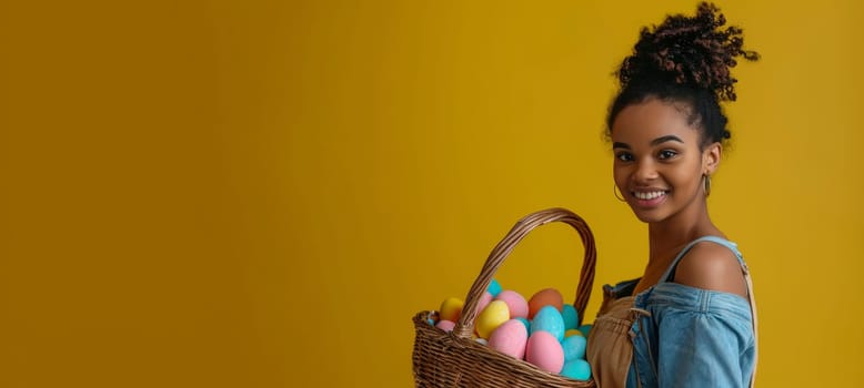 Woman with bunny ears holding Easter basket with colored eggs. Studio portrait on yellow background. Easter celebration concept for design and print. Place for text