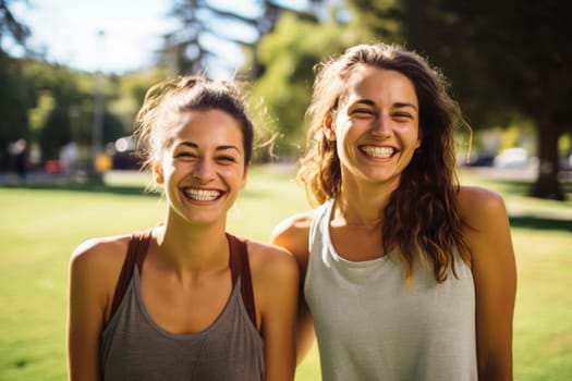 Two women smiling and embracing in natural sunlight. Outdoor friendship and happiness concept. Place for text