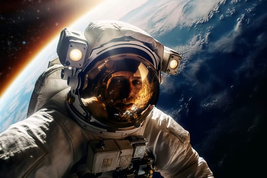 Astronaut floating in space with Earth's horizon in the background. Spacewalk and adventure concept. Suitable for poster, educational materials, and science communication. Wide-angle shot with copy space