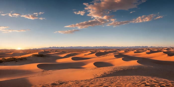 A vast desert expanse with rolling dunes under a cloudy, sunny sky. Generative AI