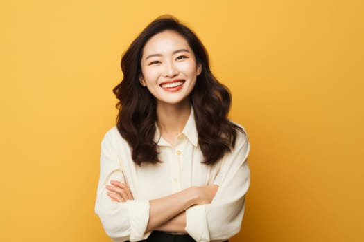 Happy young woman smiling in white blouse on yellow background. Casual professional headshot with copy space for corporate and personal branding