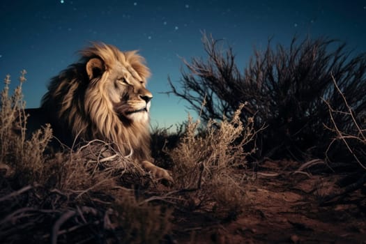 Majestic lion lying under starry night sky. Wildlife photography. African wilderness and animal kingdom concept for poster, banner, and educational use. Side view with space for text