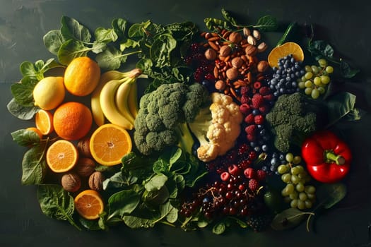 Assortment of fruits and nuts arranged in a brain shape on a dark background, symbolizing healthy brain food with copy space. Concept for nutrition and cognitive health