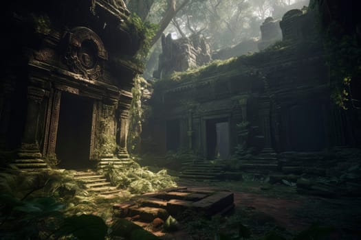 Ancient temple ruins in a dense jungle. Mysterious exploration and adventure concept. Design for travel brochures and historical documentaries