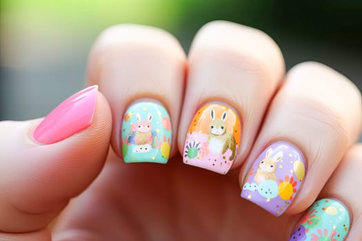 Female hand with a creative and beautiful nail design on the Easter theme.
