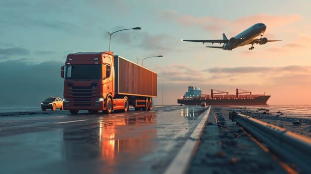 A vibrant sunset at a transportation hub with a cargo truck, airplane, and ship signaling busy commerce.