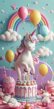 Unicorn figurine with birthday cake and balloons. 3D digital art with pastel colors. Birthday party concept for design and print. Studio celebration scene with place for text.