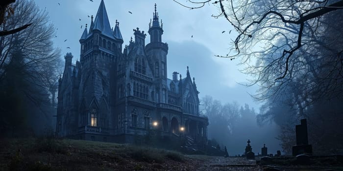 Gothic castle at twilight with mist and crows. Spooky Halloween theme. Landscape shot with space for text for design and print