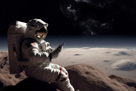 Astronaut in spacesuit engaged with a phone on Mars.