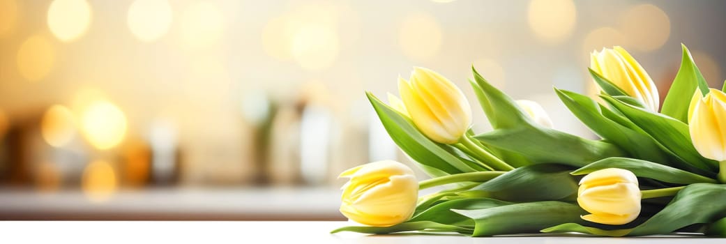 Banner with a bouquet of tulips. Copy space, place for text. Spring, Women's Day, congratulations.