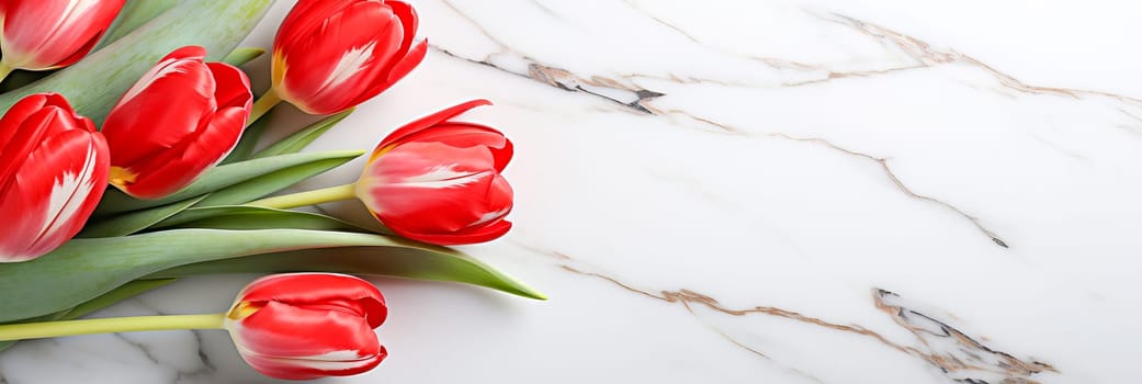 Banner with a bouquet of tulips. Copy space, place for text. Spring, Women's Day, congratulations.