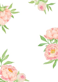 Peach peony watercolor hand drawn painting. Realistic flower clipart, floral arrangement. Chinese national symbol illustration. Perfect for card design, wedding invitation, prints, textile, packing.