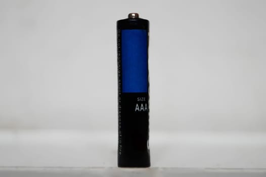 Single AAA-Size Battery Standing Upright on a White Surface