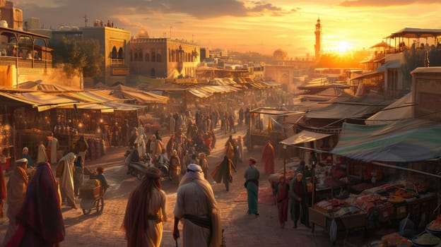 The warm glow of sunset bathes a traditional Moroccan market, where locals engage in commerce amid vibrant stalls and goods. Resplendent.