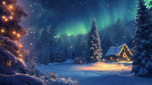 A cozy cabin nestles in a snow-laden landscape, with the mesmerizing Northern Lights dancing in the sky above the towering mountains. Resplendent.