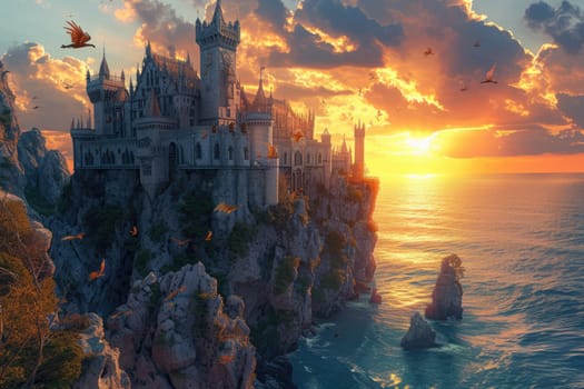 A medieval castle on a cliff overlooking the ocean, with knights and dragons. Medieval castle, cliffside setting, ocean view, knights, dragons, epic fantasy. Resplendent.