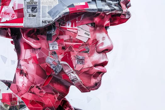 Artistic depiction of a soldier's face, side view, created from newsprint collage, emphasizing the themes of information and response to military situations.