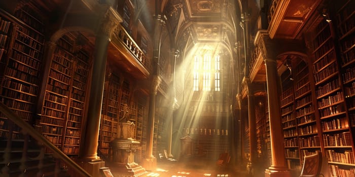 An ancient library filled with magical books, glowing orbs, and mystical artifacts. Shelves reach up to a high, vaulted ceiling, with soft light filtering through stained glass windows. Resplendent.