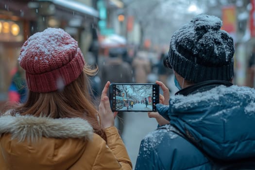 Young couple holding smart phones with photographs.