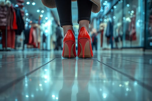 Woman wearing red high heels while shopping in boutique. Close-up.
