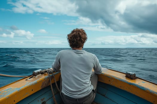 Young man sitting at bow of a boat- watching the sea.