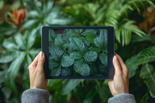 Two hands are shown holding a tablet displaying a green plant on the screen.
