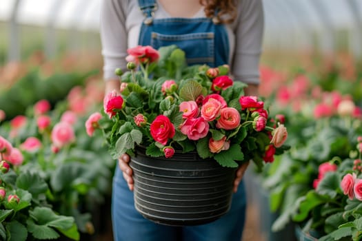 Woman holding bucket with ranunculus flowers in greenhouse.