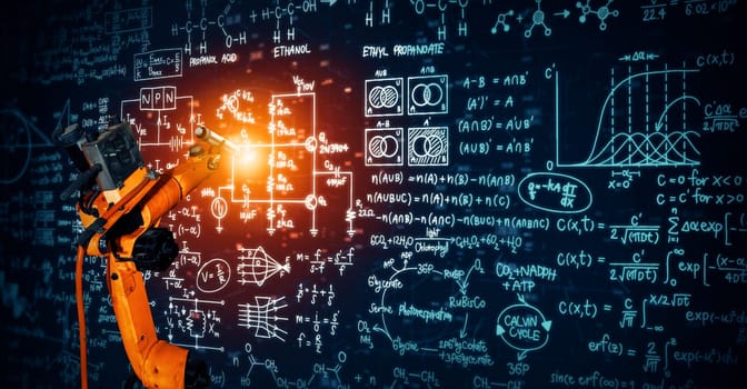 XAI Robot arm AI analyzing mathematics for mechanized industry problem solving. Concept of robotics technology and machine learning for automated manufacturing process.