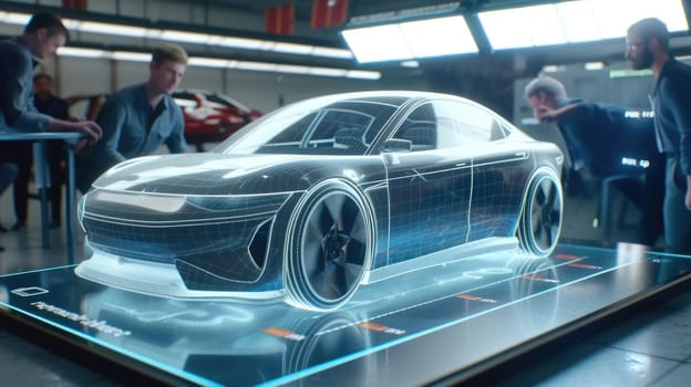 A futuristic car design is presented in a virtual showroom, illuminated by neon lights and showcasing the latest in automotive technology. AIG41