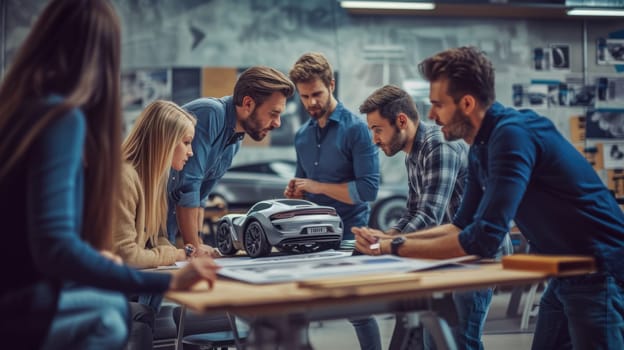 A group of people sharing a fun leisure event, sitting around a table, looking at a model car. AIG41