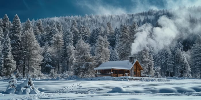 A quaint wooden cabin with smoke rising from the chimney nestles in a snow-blanketed forest, creating a scene of winter tranquility. Resplendent.