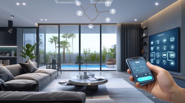 Hands hold a device with a smart home control interface, symbolizing the seamless connection between technology and home automation. AIG41