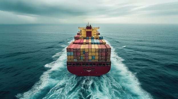 A massive container ship glides gracefully over the vast expanse of liquid beneath the captivating landscape of water, sky, and horizon. AIG41