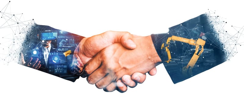XAI Mechanized industry robot arm and business handshake double exposure. Concept of successful agreement of artificial intelligence for industrial revolution and automation process in future factory.