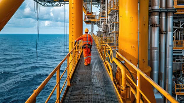 A man travels across the water, on a bridge connecting the oil rig to the boat, under a sky filled with clouds and naval architecture. AIG41