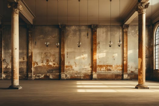 Old antique building with high columns, view from the inside.